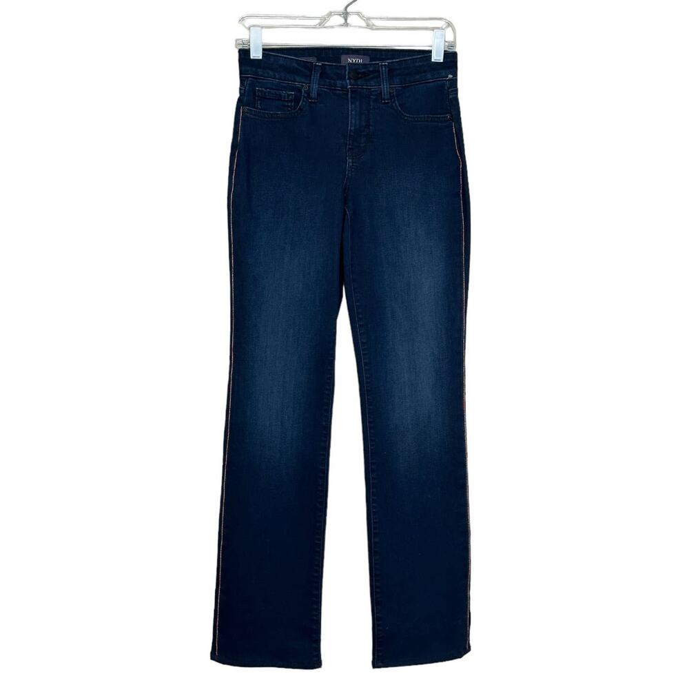 NYDJ Blue Marilyn Straight Lift Tuck Technology side studs detail jeans size 0